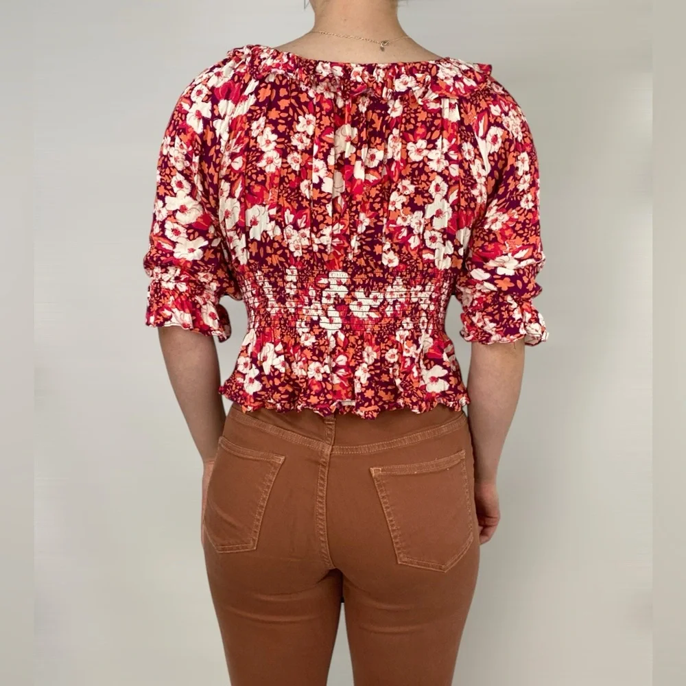 FREE PEOPLE Sweet Memories Floral‎ Ruffle Blouse Half Sleeve Pink Multi Color